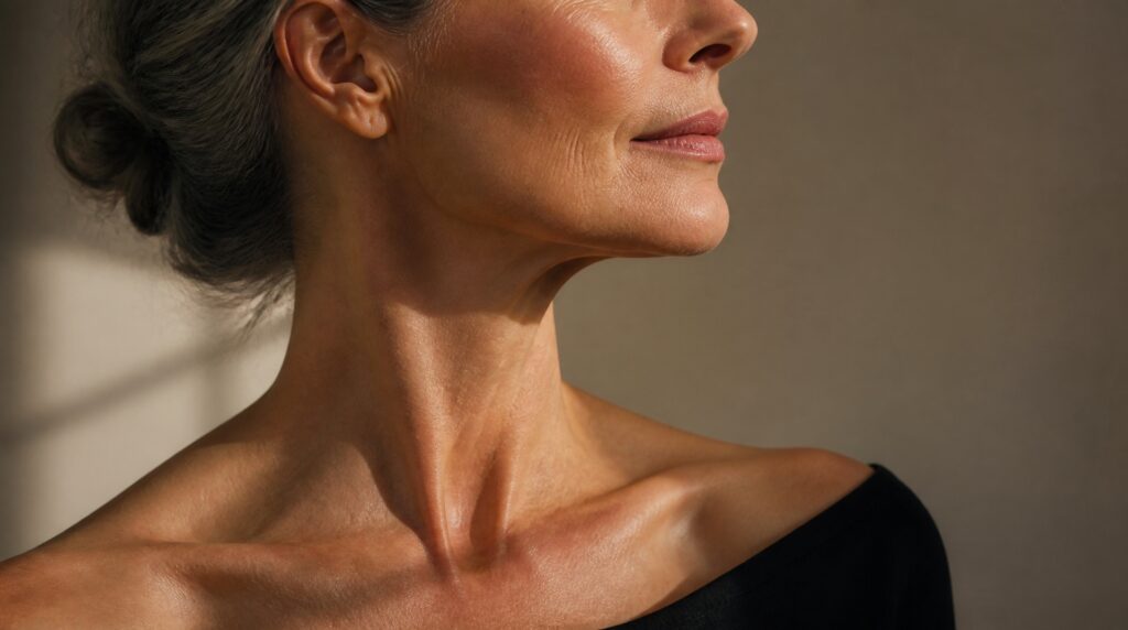 Close-up of a woman's jawline and neck
