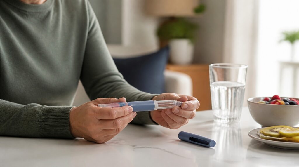 Woman holding a GLP-1 weight loss injection pen