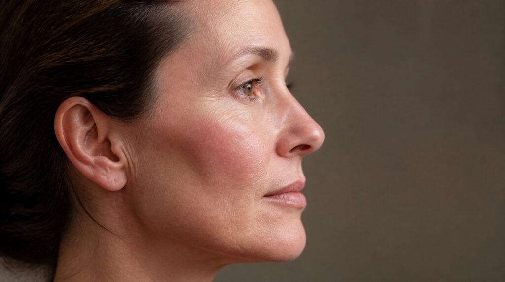 Close side profile of a woman showing the relationship between the nose, lips, chin and jawline.